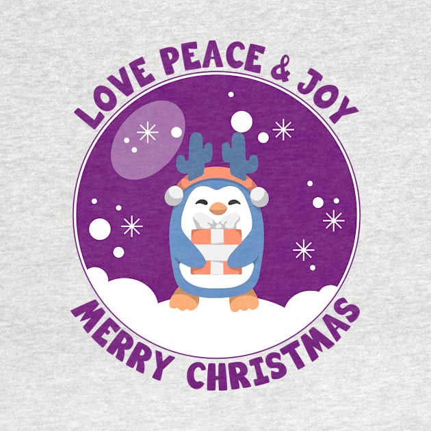 Funny Penguin On Snow Wearing Deer Horns Love Peace And Joy Christmas Wishes Light Colors by PorcupineTees